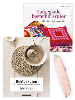 Omslag - Hekleskolen + Fargeglade bestemorsruter + Hobbykniv